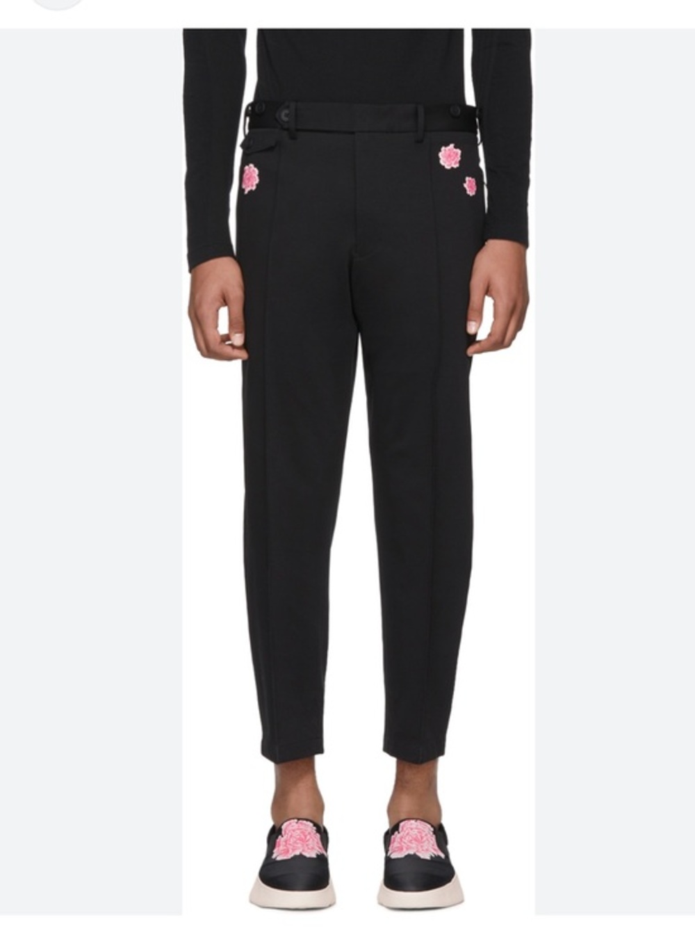Y-3 Adidas Black James Harden Cropped Slim Trousers Pink Floral Applique